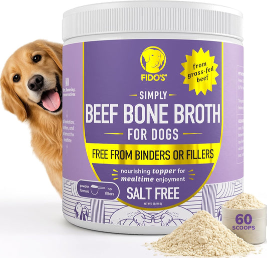 Fido's Grass-Fed Beef Bone Broth for Dogs 7oz with 94% Protein - Picky Eaters Human Grade Bone Broth Powder for Dogs - Made in USA - No Preservatives - Supports Joints + Gut Health - 60 Scoops