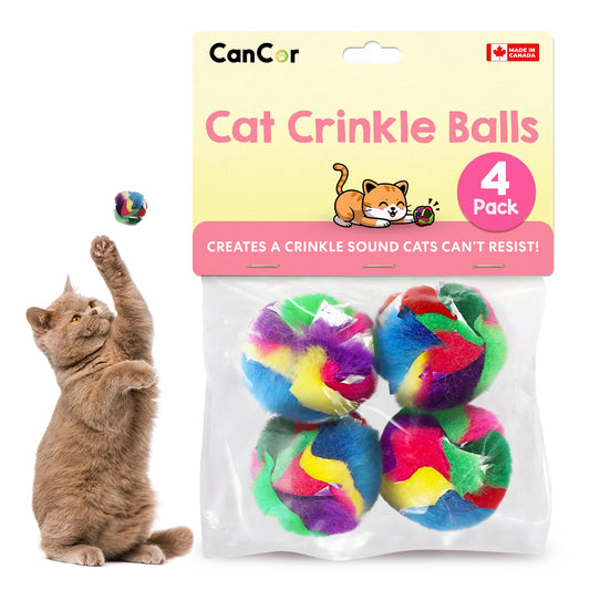 Crinkle Cat Toy Balls 4 Pack | Soft Cat Crinkle Toys for Indoor Cats & Kittens | Food-Grade Acetate Safer Than Mylar | Made in Canada
