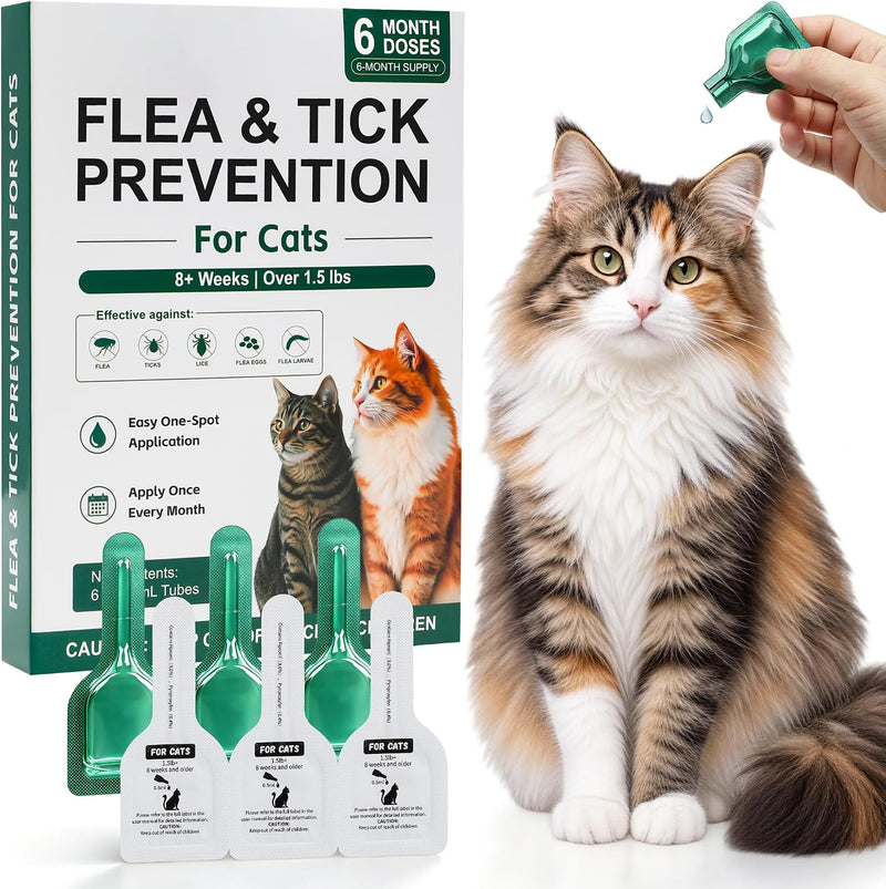 Cat Flea Drop, Topical Flea Drops for Cats, Monthly Spot-On Care, 6 Pack