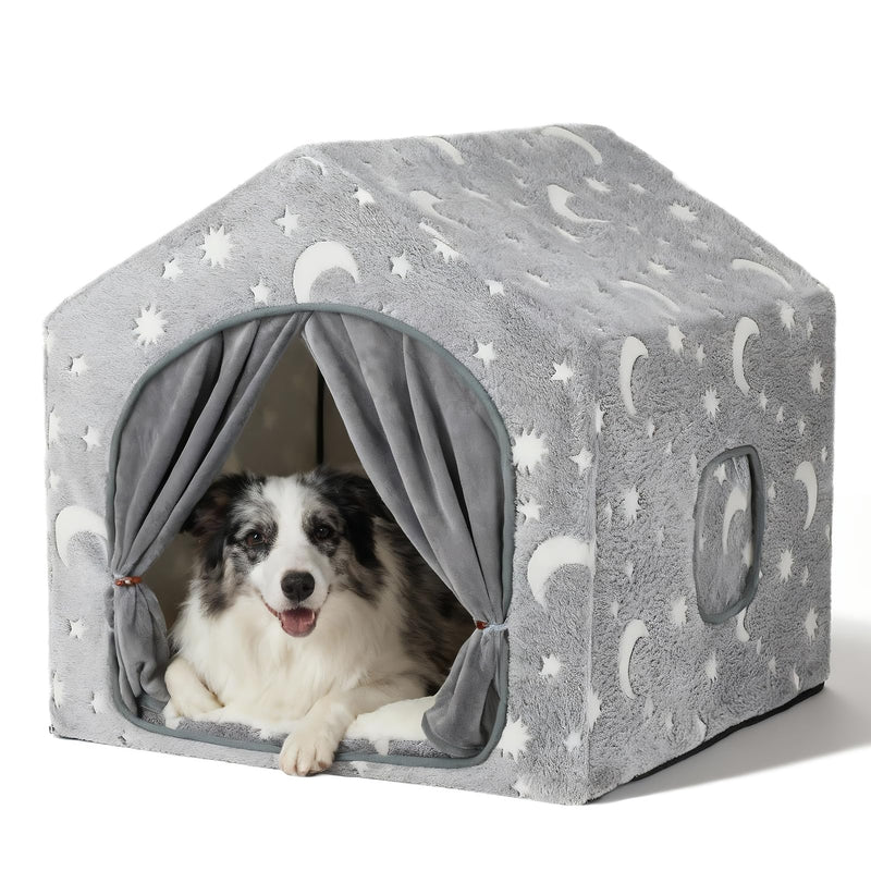 Pelemee Indoor Dog House, Night-Luminous Star Dog Tent with Frame, Washable Dog Cave Bed, Suitable for 36-66 lb Medium and Large Dog