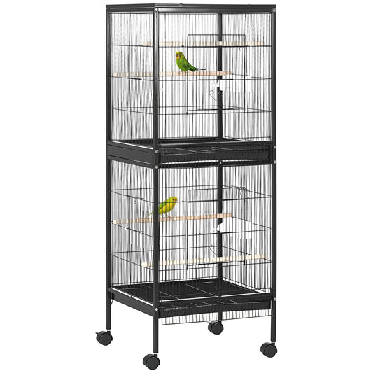 PawHut Large Bird Cage with 1.7 ft. Width for Wingspan, Bird Aviary Indoor with Multi - Door Design, Fit for a Canary, Finch, Conure, 55", Black