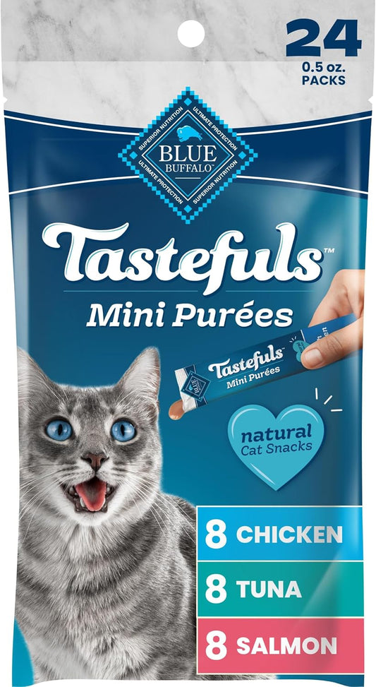 Blue Buffalo Tastefuls Mini Purées Natural Cat Treats, Chicken, Tuna, Salmon Variety Pack, 0.5 oz. Single Servings, 24-Count