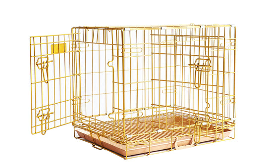 HOMEY PET 24" Gold Color Folding Design Dog Crate Puppy Ertra Small Breed Dog Kennels with Removable Floor Grid and Pull Out Tray, Dog Cage Copper Gold Finish