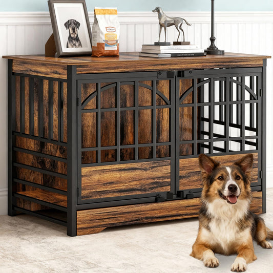 COZPAW 52 Inch Dog Crate Furniture, Extra Large Dog Kennel Indoor for XLarge Breed, Heavy Duty Dog Cage with Double Elegant Arched Doors, Decorate as TV Stand & End Table (Cognac Brown)