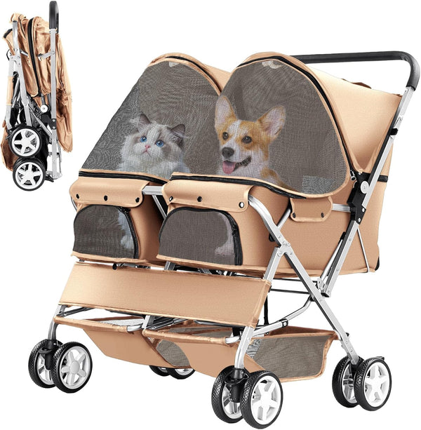 Double Pet Stroller, Foldable Stroller for 2 Dogs & Cats, Two-Seater Carrier Twin Dog Walk Jogger Travel Pet Carriage Cart with Storage, Beige