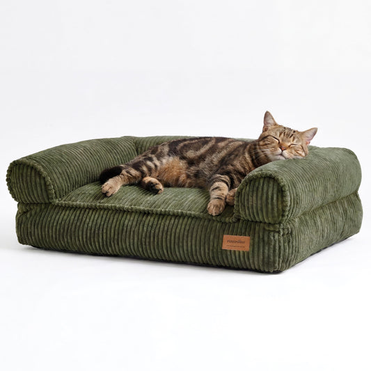 FUKUMARU Dog Couch Bed, Corduroy Cozy Cat Bed for Indoor Cats with Washable Cover, 28in Waterproof Orthopedic Dog Beds Sofa for Small Dogs and Large Cats, Cute Warm Cotton Pet Sofa, Green