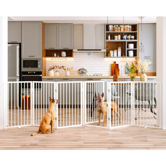 Vantas Folding No-Assembly Metal Pet Gate 120" Wide, 32" Extra Tall Dog Gate with Door Walk Through, Freestanding Accordion Puppy Gate Dog Door for Indoor & Outdoor, with 2PCS Support - White