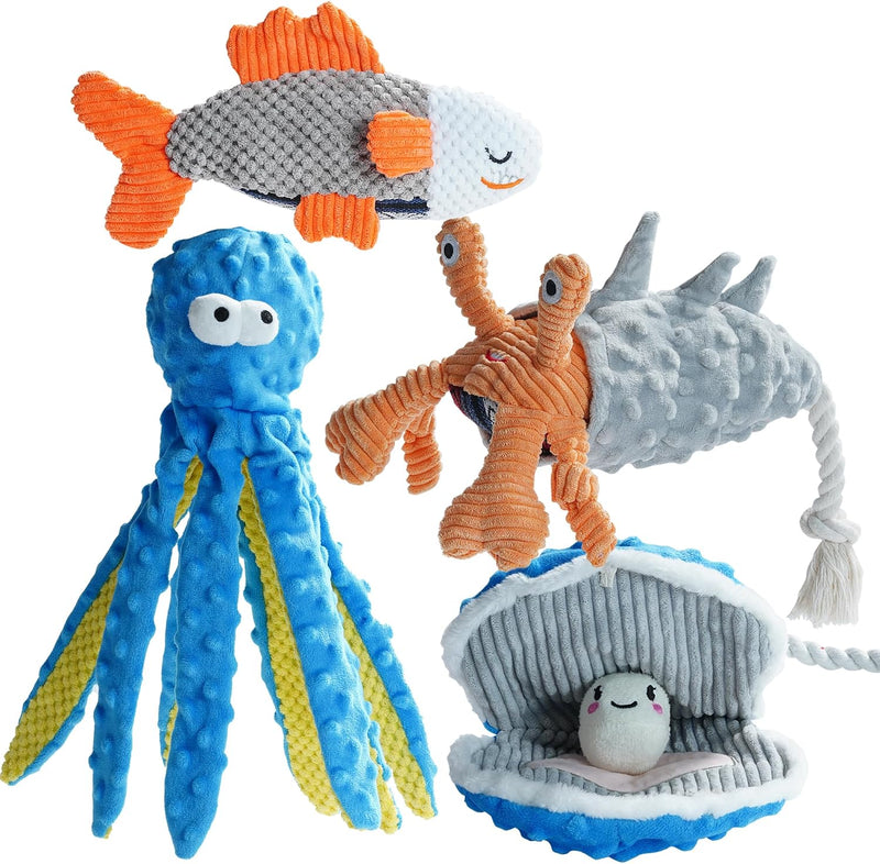 Nocciola 4 Packs Crinkle Squeaky Dog Toys for Aggressive Chewers, Tough Durable Stuffed Plush Rope Tug Puppy Chew Toy fo