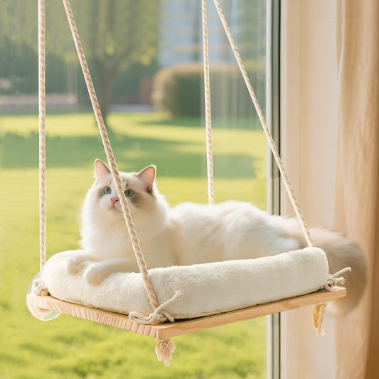 Anywish Cat Window Perch, Window Hammock for Cats with Solid Wood Seat 4 Heavy Duty Suction Cups, Plush Cushion, Indoor Cat Bed