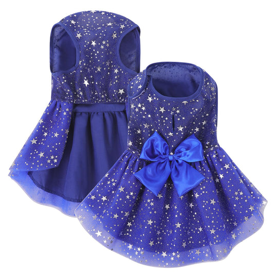 ASENKU Dog Dress Pet Wedding Dress Princess 4th of July Lace Puppy Birthday Party Outfit Formal Apparel Girl for Small Medium Dogs Cats (Medium, Navy Star)