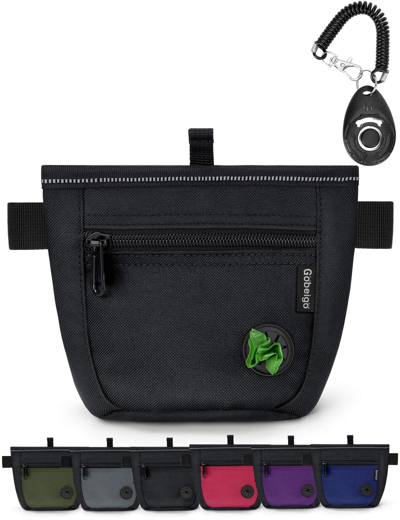 Gobeigo Dog Treat Pouch and Training Clicker, Upgrade Two Magnetic Closure to Prevent Spills, 2 Cup Treat Bag with Poop Bag Dispenser, Metal Clip Waist Belt Fanny Pack for Pet Walk (Black)
