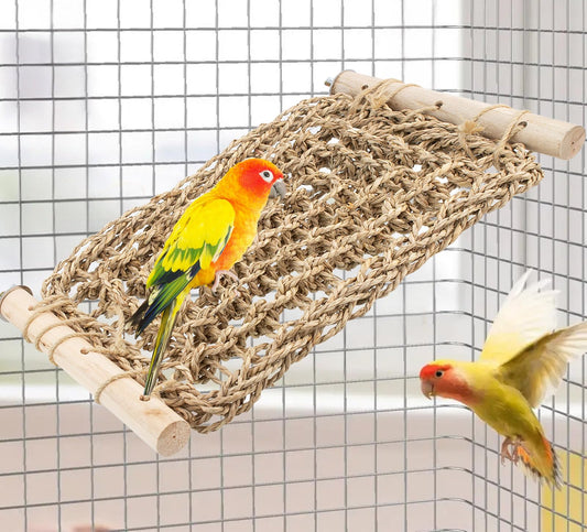 FlidRunest Conure Ladder Perch for Cage, Bird Seagrass Ladder Bridge Exercise Stands, Natural Hand-Woven Parrot Net Climbing Chewing Hammock, Cage Accessories for Lovebird Conure Budgie Parakeet