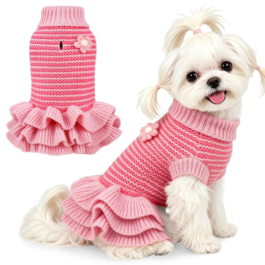 WOYYHO Small Dog Knit Sweater Dress 3-Tier Ruffled Princess Pet Outfit