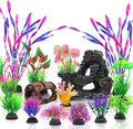 QUOZUO 15 Pcs Aquarium Artificial Plastic Plants Decorations and Resin Barrel and Coral Rock Cave Set, Fish Tank Accesso