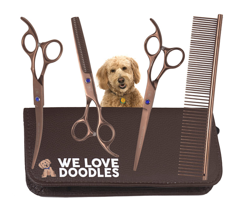 Dog Grooming Scissors Kit - Best Tools for Goldendoodles & Poodles - Straight, Curved & Thinning Shears - Professional Grade Stainless Steel, 4 Pc Set [We Love Doodles]
