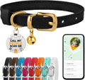 BRONZEDOG Leather Cat Collar with Removable Bells Non Breakaway Kitten QR Tag for Girl Boy (7" - 9" for Cats, Black & Gold)