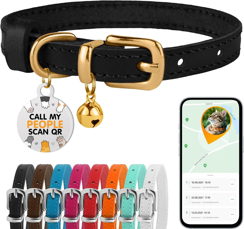 BRONZEDOG Leather Cat Collar with Removable Bells Non Breakaway Kitten QR Tag for Girl Boy (7