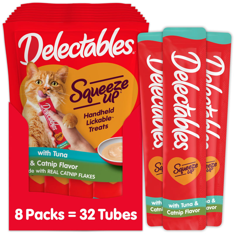 Delectables Squeeze Up Creamy Squeezable Puree, Lickable Wet Cat Treats, Grain Free, No Added Fillers, No by-Products, No Added Preservatives, 0.5 Ounces Tube Tuna with Catnip, 32 Tubes Total