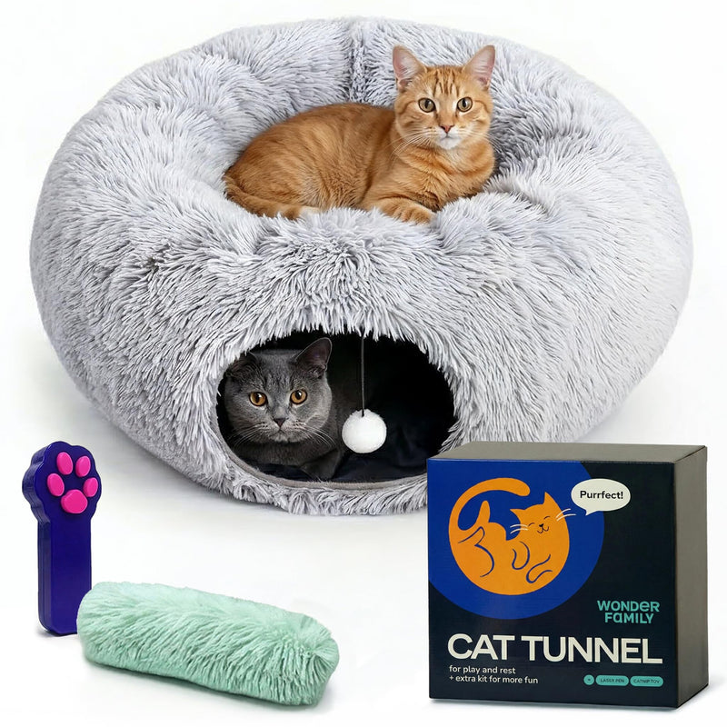 Large Cat Donut Tunnel Bed - Cat Tunnels for Indoor Cats - Circle Hideaway with Cat Toys, 3-in-1 Foldable Playground & Cozy Cave Bed, Gift-Ready DIY Collapsible Plush Cat Tube, Rabbit, Kitty