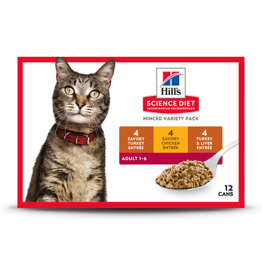 Hill's Science Diet Adult 1-6 Wet Cat Food Variety Pack, Savory Entrée Turkey & Liver, Chicken, and Turkey, 5.5 oz. Cans, 12-Pack