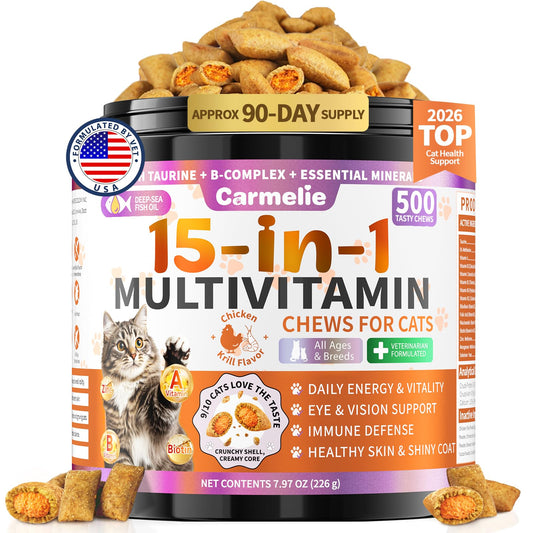 Taurine for Cats Vitamins Treats, 15 in 1 Cat Multivitamin Support Joint, Skin Coat, Digestion, Immunity & Energy, 500 Crunchy & Creamy Chews with Essential Vitamin for Cats All Ages (90-Day Supply)