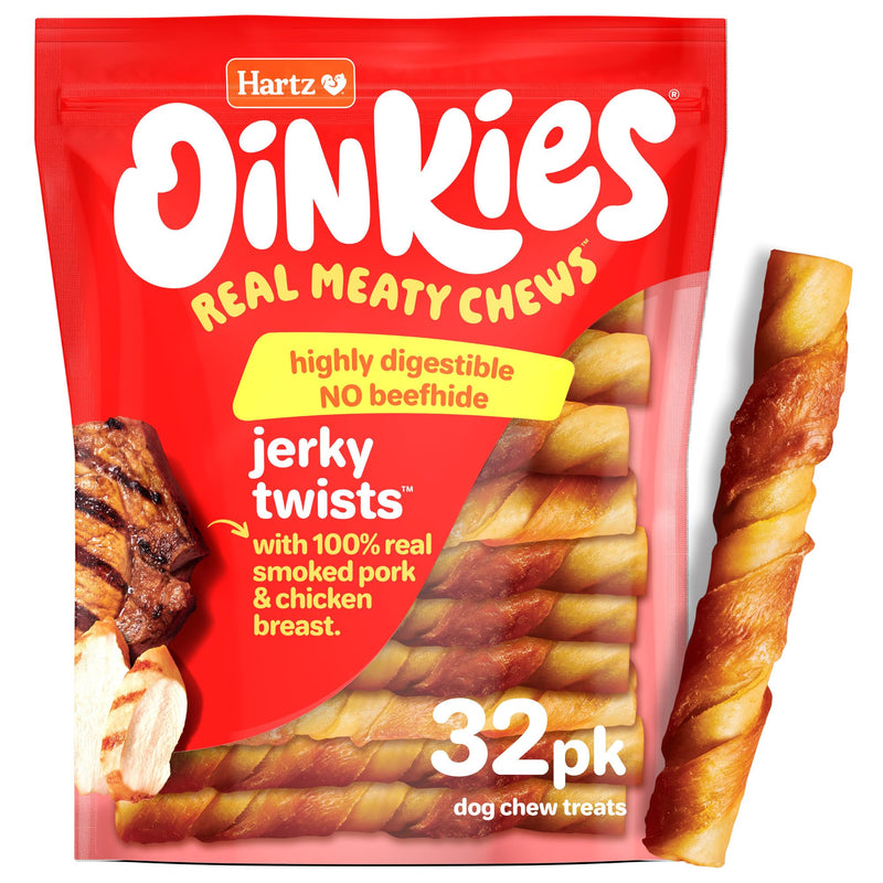 Hartz Oinkies Porkalicious Smoked Pig Skin Jerky Twists Dog Treats, 32pk