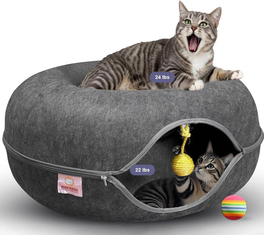 MeowMates Peekaboo Cat Cave Donut Bed for Multiple Cats Upto 45lbs, 3-in-1 Large Cat Tunnel & Donut Bed Combo w Round Tunnel Scratcher for Indoor Cats, Hanging Toy, Washable & Detachable - Dark Grey