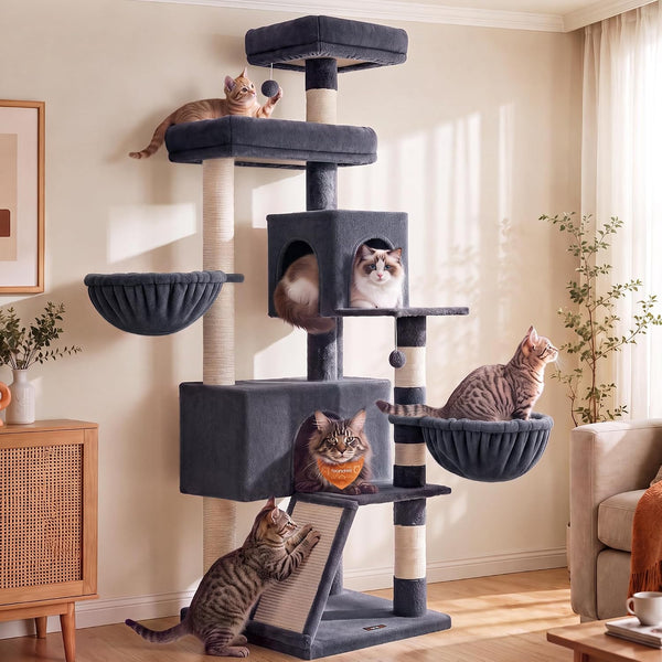 Feandrea Cat Tree, 68.5-Inch Tall Cat Tower, Multi-Level Plush Condo with Large Perch, Scratching Posts, Double Caves, Dark Gray UPCT006G02