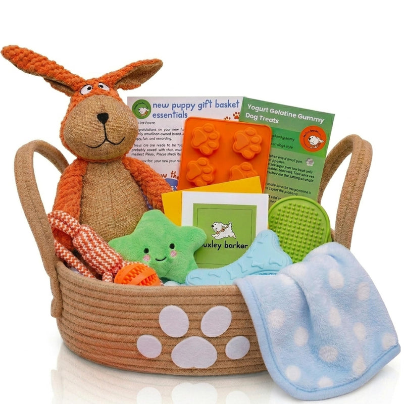 Premium Puppy Starter Kit - New Puppy Gift Basket with Essentials, Toy Box, Treat Tray, Training Supplies, Chew & Squeaky Toys for Puppies and Small Dogs - Complete Dog Must Haves for New Dog Owners