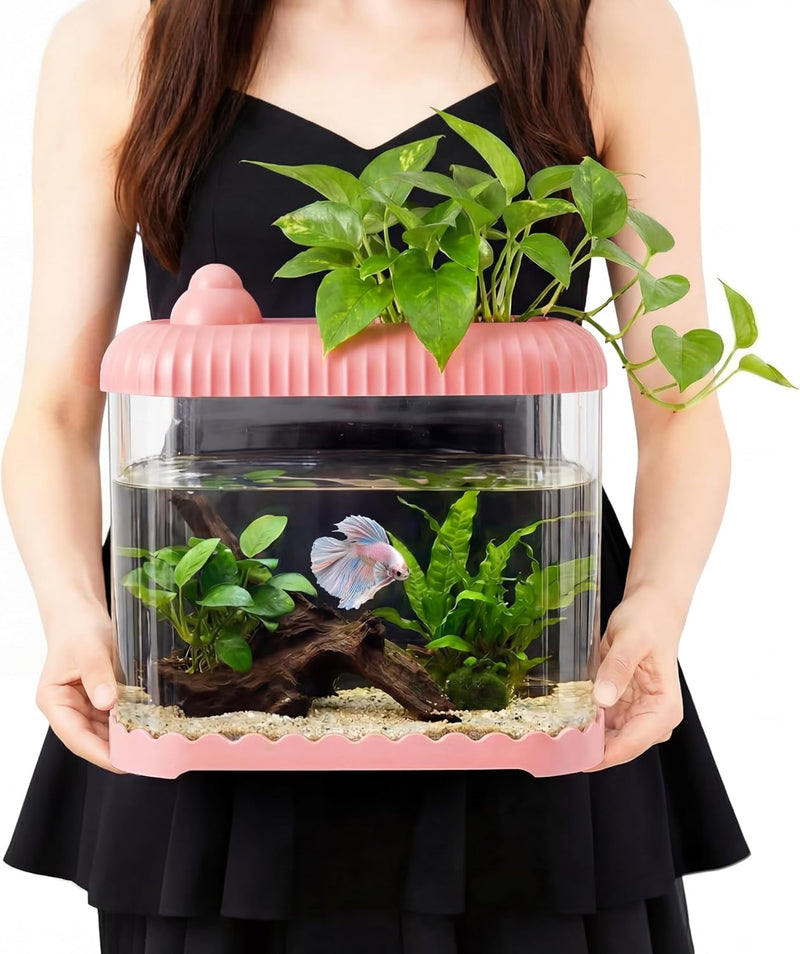 Geelin Pink 2 Gallon Plastic Fish Tank Shatterproof Betta Aquarium Bowl