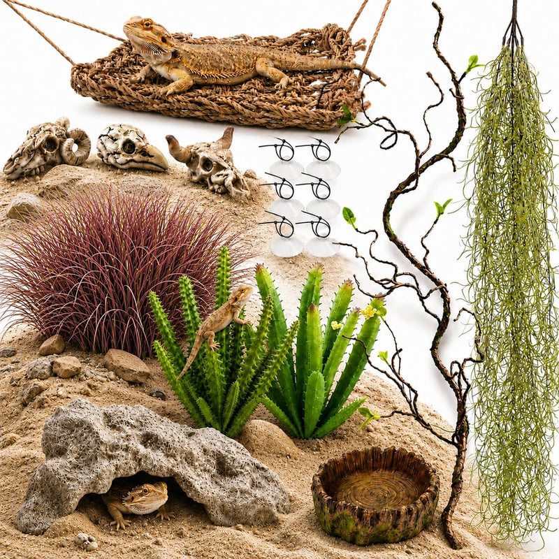 26Pcs Desert Reptile Tank Accessories, Bearded Dragon Tank Accessories with Hammock, Reptile Hide, Water Dish, Plants, V