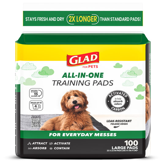 Glad for Pets Black Charcoal Puppy Pads - 6-Layer Leak-Proof Construction, Activated Carbon Odor Control, Pheromone Attractant - Disposable Dog Pee Pads for Potty Training, 23 x 23 in, 100 Count