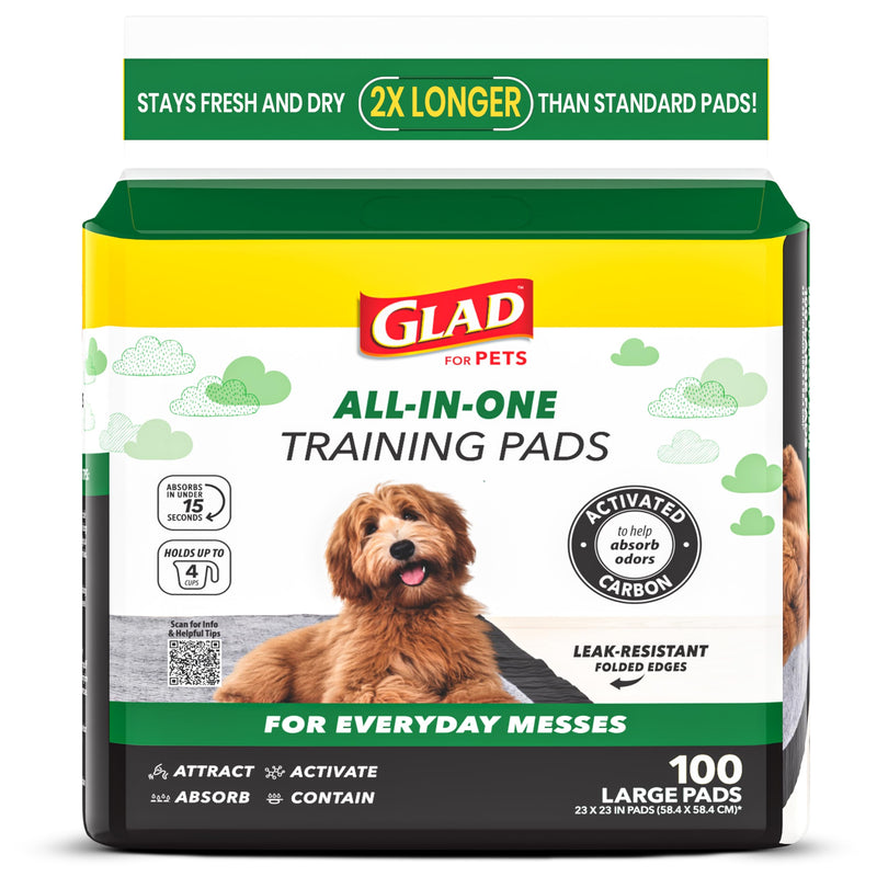 Glad for Pets Black Charcoal Puppy Pads - 6-Layer Leak-Proof Construction, Activated Carbon Odor Control, Pheromone Attractant - Disposable Dog Pee Pads for Potty Training, 23 x 23 in, 100 Count
