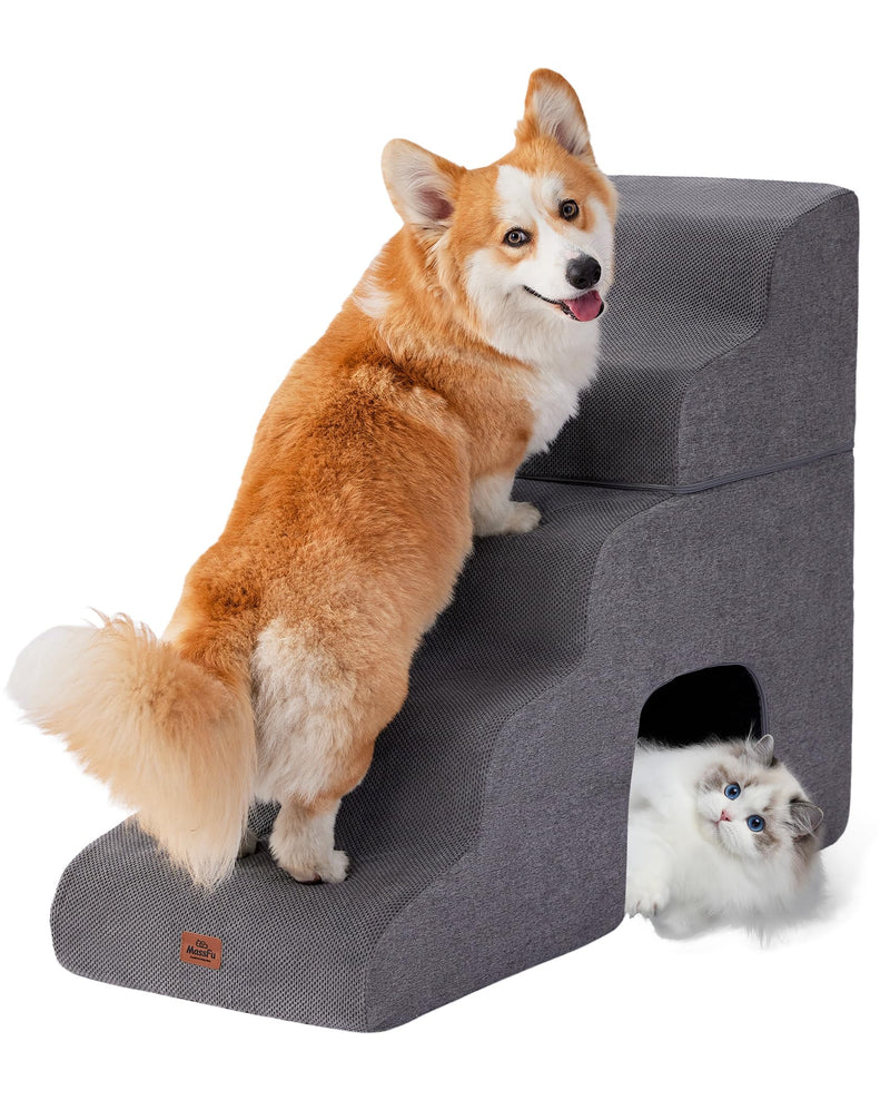 Gray Curved Dog Stairs Ramp for High Beds 28.7