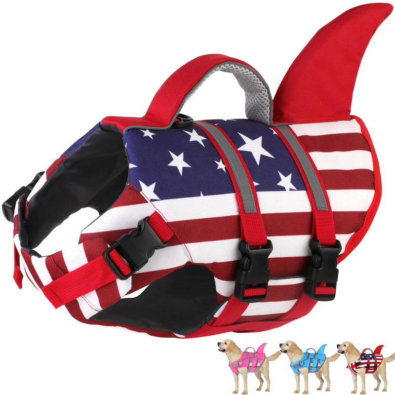 Dogcheer Harness-Style Dog Life Jacket Shark, Reflective American Flag Dog Life Vest for Swimming Boating, High Buoyancy Pet Swim Vest for Small Medium Large Dogs - USA Flag, L