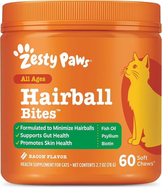 Zesty Paws Hairball Bites for Cats - Cat Furball Support - Functional Supplement with Omega 3 Fish Oil EPA & DHA + Zinc, Biotin & Psyllium Husk - Supports Gut & Skin Health - 60 Count