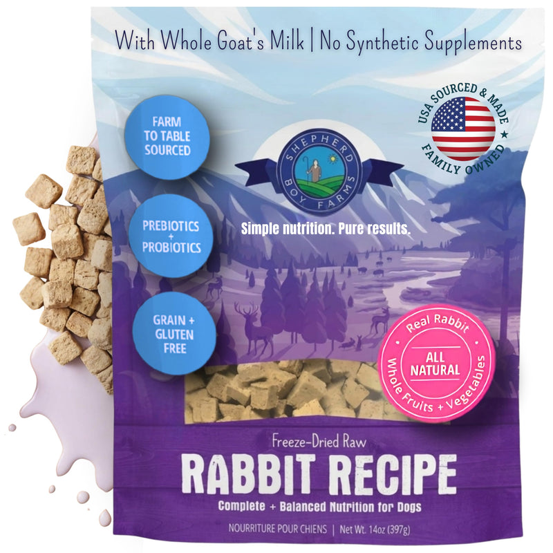 Shepherd Boy Farms Freeze Dried Raw Dog Food, Rabbit Recipe, All Natural, No Synthetics, Made in USA with Goat's Milk & Organic Produce, High Protein, Complete Meal (14oz)