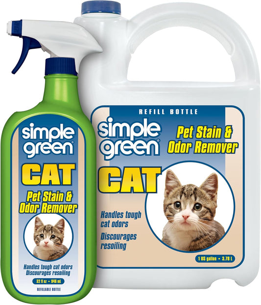 Simple Green Cat Stain & Odor Remover - Enzyme Cleaner for Cat Urine, Feces, Blood, Vomit (32 oz Sprayer & 1 gallon Refill)