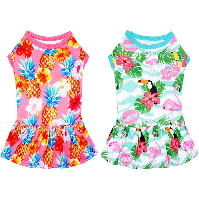 JpGdn 2PCS/Pack Hawaiian Dog Dresses Pink Green for Medium Dogs Girl Female Summer Skirts Pet Sundress Pineapple Toucan Flamingo Soft Lightweight Stretchy Holiday Party Beach M