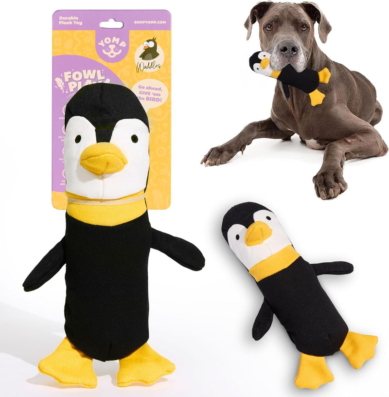 Yomp Penguin Dog Toy – Durable Stuffed, No Squeaker Dog Toys with Natural Canvas and Crinkle Paper – Interactive Stuffed