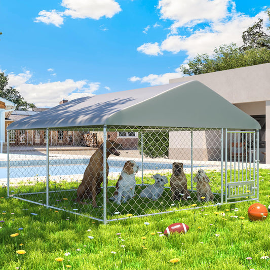 Erinnyees 10'x10' Outdoor Dog Kennel with Roof, Large Dog Kennel Outside with Rotated Dog Bowls, Dog House Pen Enclosure with Secure Lock & Wateproof Sunproof Cover