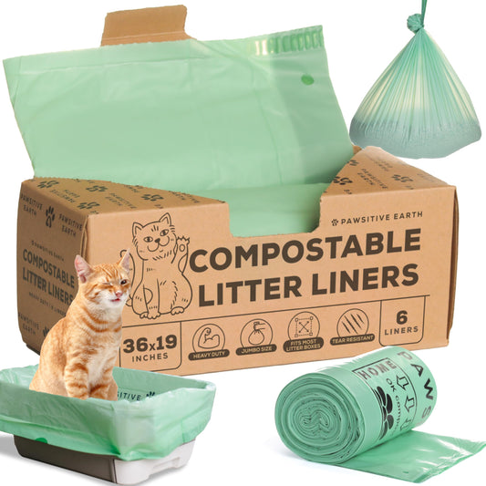 Cat Litter Box Liners 100% Compostable - Drawstring Close - 6 Count - Jumbo Size 36" x 19" - Tear & Leak Resistant - OK Compost Home Certified