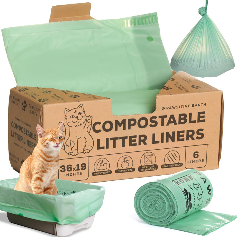 Cat Litter Box Liners 100% Compostable - Drawstring Close - 6 Count - Jumbo Size 36