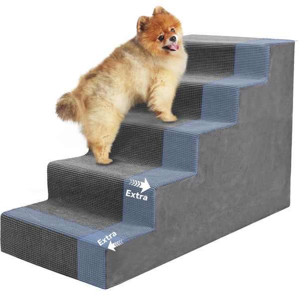 Niubya Dog Stairs for Small Dog and Cats,23”H Non-Slip Bottom Pet Steps for High Beds and Couch,Extra Wide High-Density Foam Pet Stairs Grey,5 Steps
