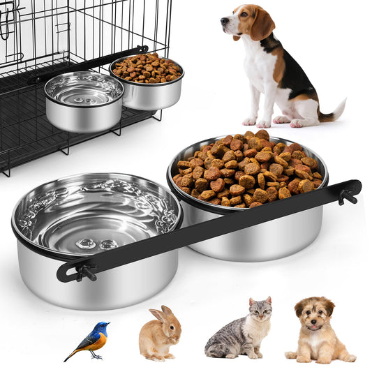 Dog Crate Water Bowls No Spill, 40oz Stainless Steel Dog Food and Water Bowl Set for Large/Medium/Small Pets, Detachable Hanging Pets Bowls for Cage, Kennel, Crate,Convenient for Adding Food and Water