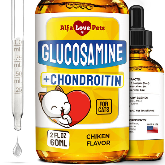 Liquid Glucosamine for Cats with Chondroitin – Taurine for Cats Works for Hips, Ligaments, Muscles, Circulation Maintenance – Cat Supplements with Natural Chicken Flavor 2-oz Bottle
