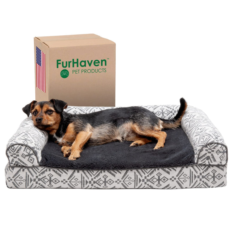 Furhaven Cooling Gel Dog Bed for Medium/Small Dogs w/ Removable Bolsters & Washable Cover, For Dogs Up to 35 lbs - Plush & Southwest Kilim Woven Decor Sofa - Boulder Gray, Medium
