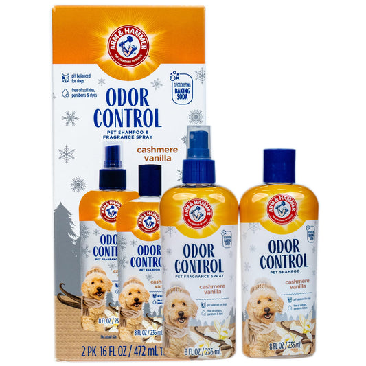 Arm & Hammer Odor Control Pet Grooming Gift Set, Includes Dog Shampoo 8 Fl Oz and Dog Bath Spray 8 Fl Oz, Cashmere Vanilla Scent, pH Balanced, Paraben and Sulfate Free