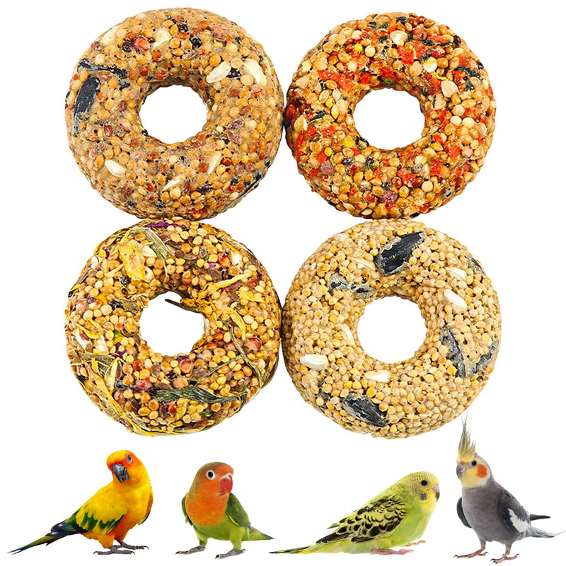 Fhiny 4 PCS Parakeet Treats, Donut Shaped Natural Grain Cockatiel Food with Fruits Vegetables Flowers and Herbs Bird Chew Toys for Parrot Conure Lovebird Training Rewards and Beak Grinding