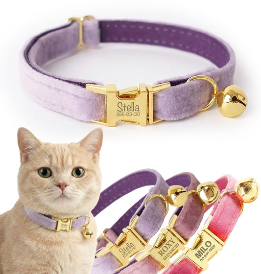 Personalized Velvet Cat Collar with Bell, Custom Engraved Name and Phone Number, Adjustable Luxury Kitten Collar, Non-Breakaway Secure ID Collar for Cats and Kittens